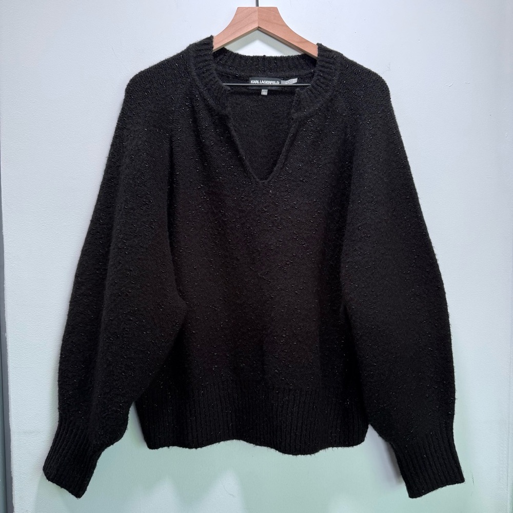 Karl Lagerfeld Paris Black‎ Metallic Split Neck Lured Knit Holiday Sweater XL